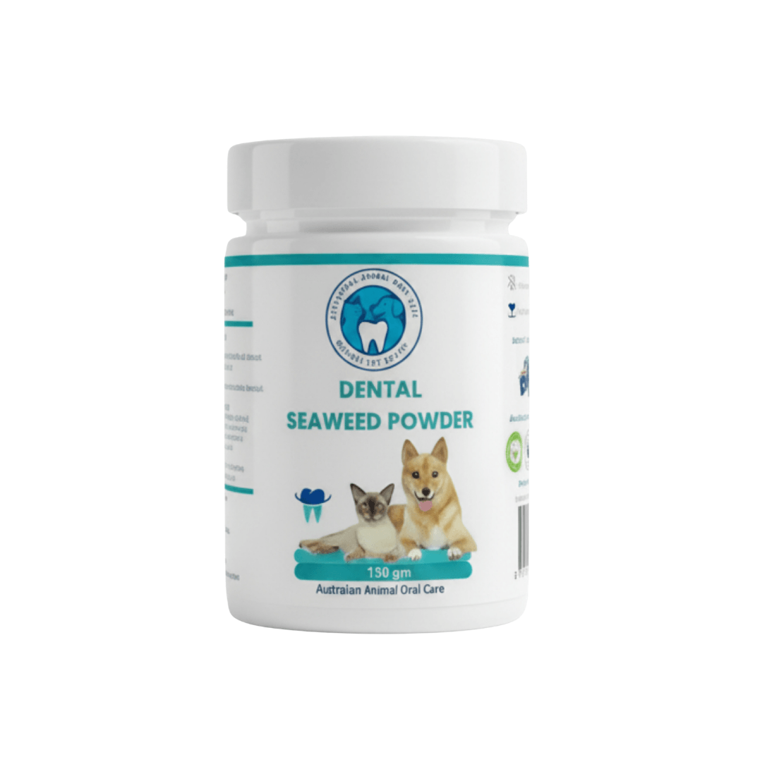 Bottle of dental seaweed powder for pets on a white background