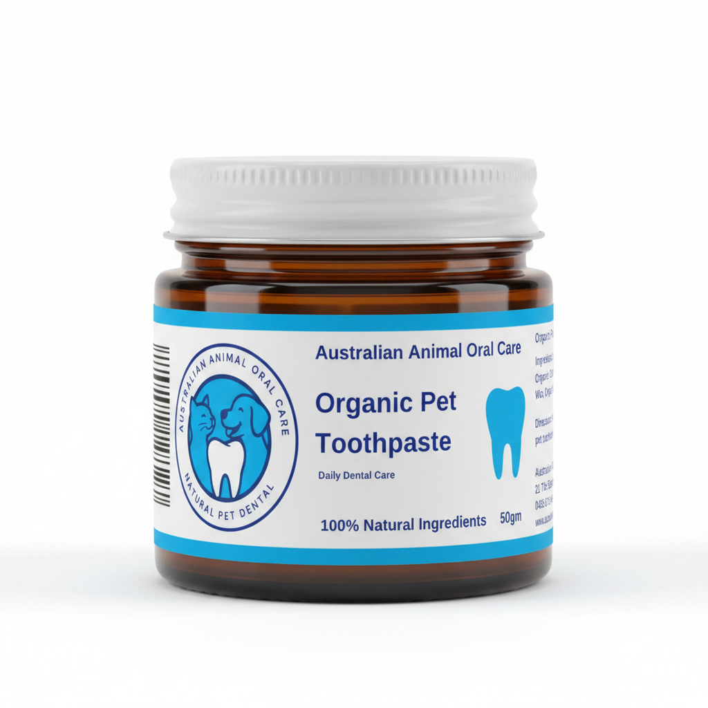 Jar of Australian Animal Oral Care Organic Pet Toothpaste on a white background