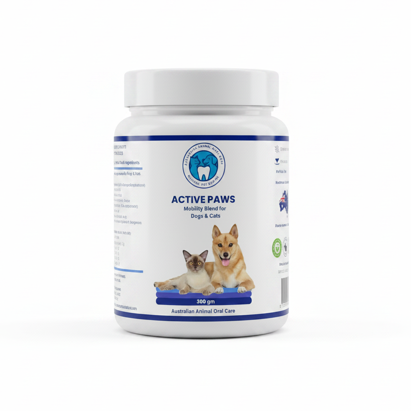 Supplement jar labeled 'Active Paws' for dogs and cats on a white background