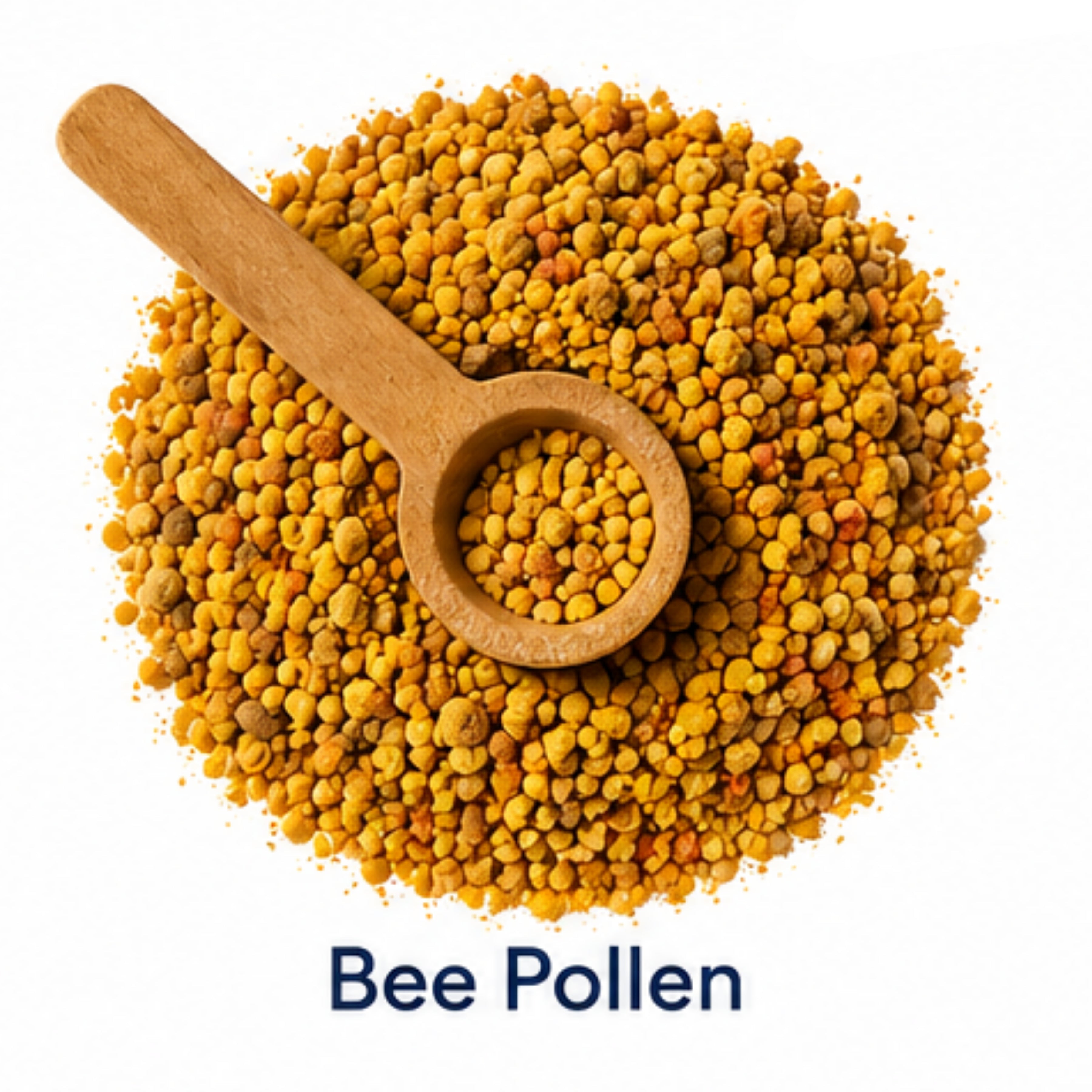Bee pollen with a wooden spoon on a white background, labeled 'Bee Pollen'.