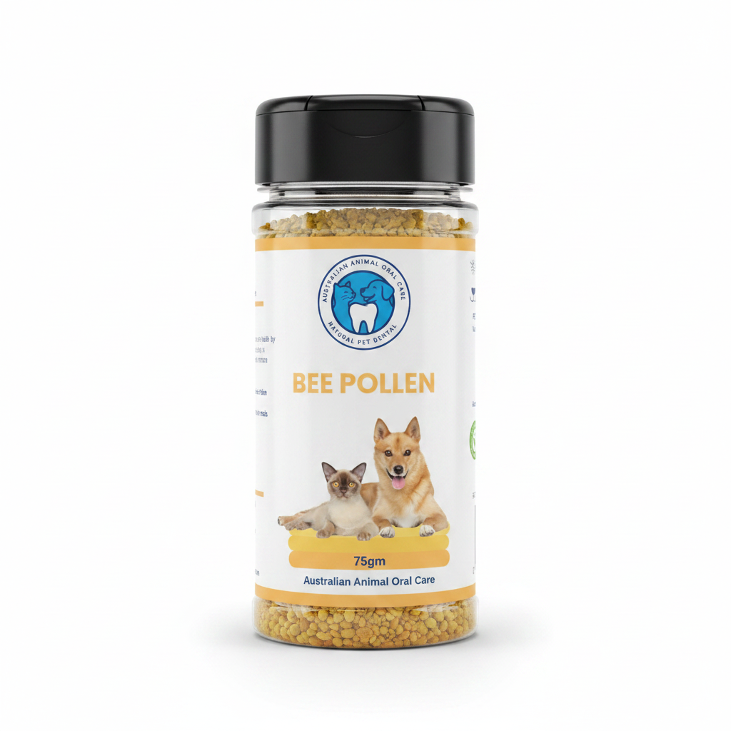 Bottle of bee pollen for dogs on a white background