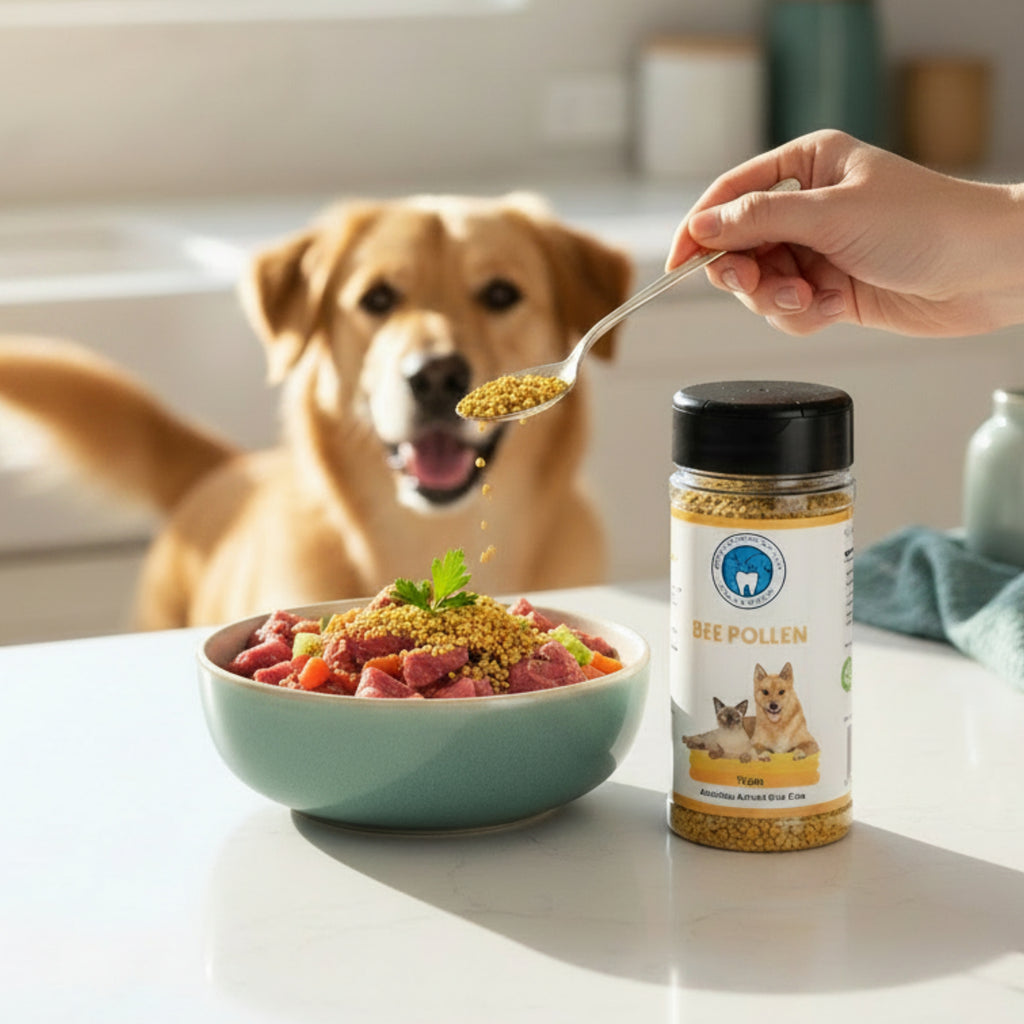 Dog being fed a bowl of food with bee pollen, next to a jar of bee pollen and a person's hand holding a spoon.