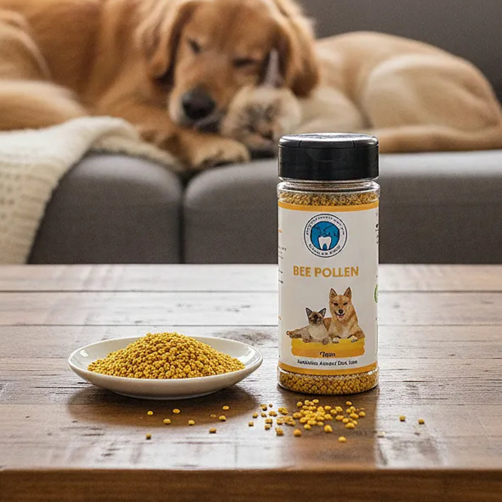 Bottle of bee pollen with a bowl of pollen and a dog in the background