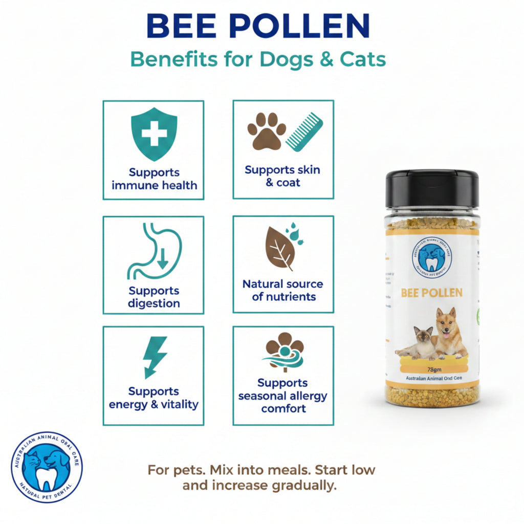 Bee pollen benefits for dogs and cats with a product label on a white background