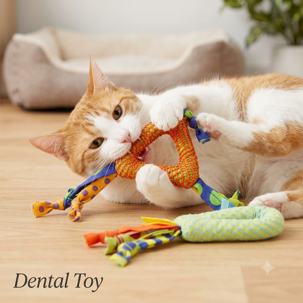 An orange and white cat is lying on a wooden floor, playfully biting and chewing a colorful pet dental toy. The toy has a knotted orange center with blue, yellow, and green ribbon tails.