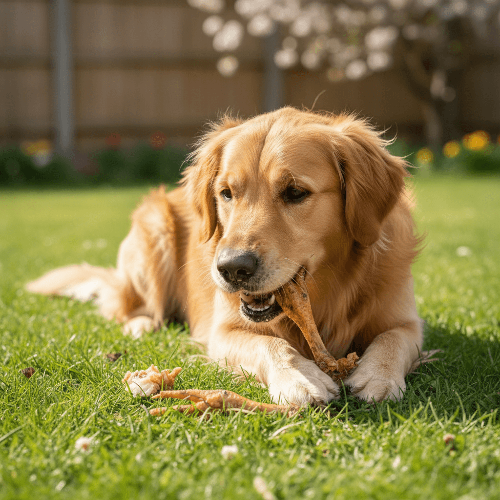 Dog chewing on chicken feet