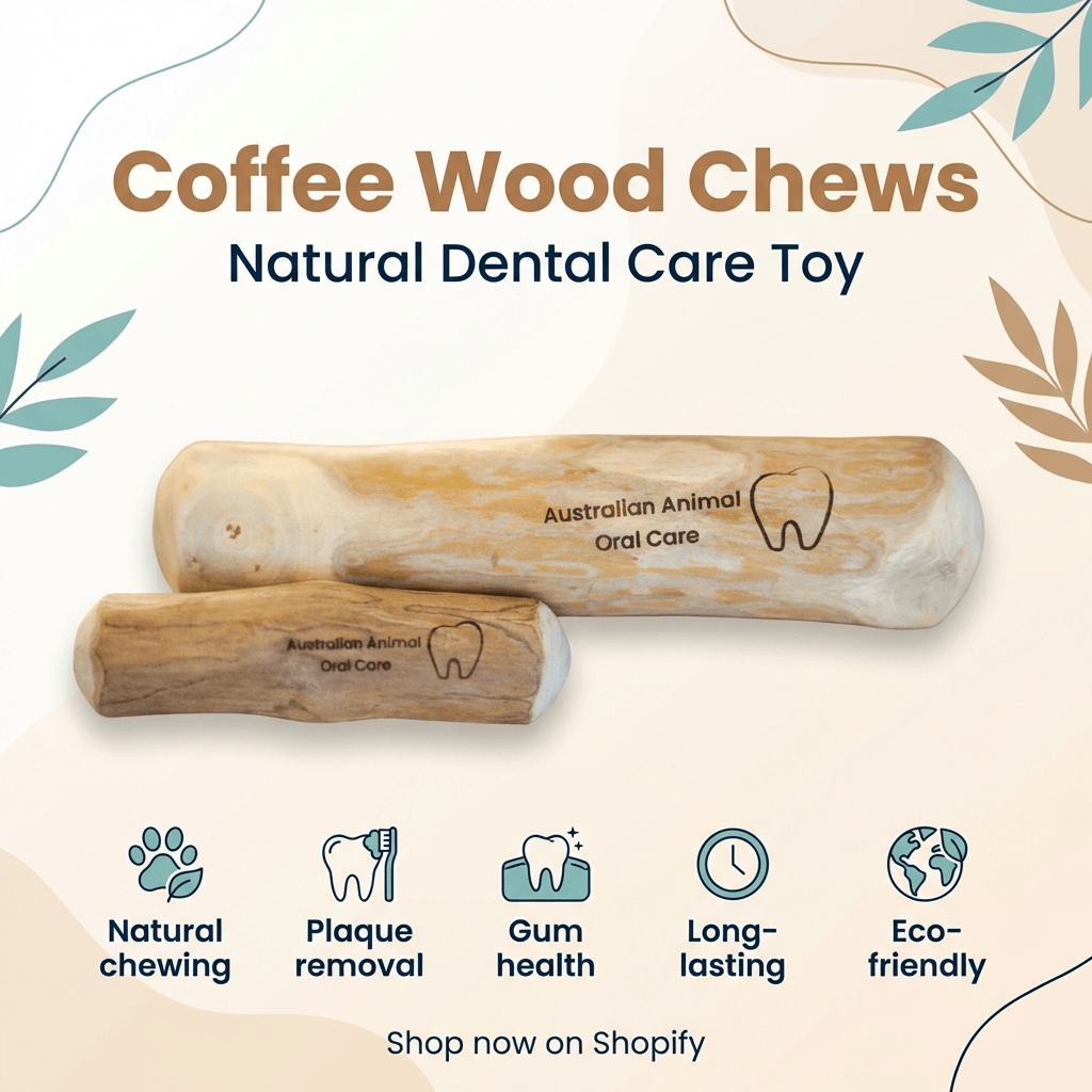 Two wooden dog chew toys with branding on a beige background, labeled as natural dental care products.