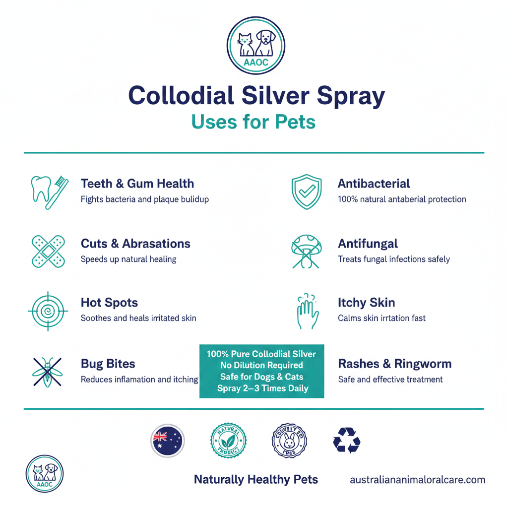 Colloidal Silver Spray uses for pets with icons and text on a white background