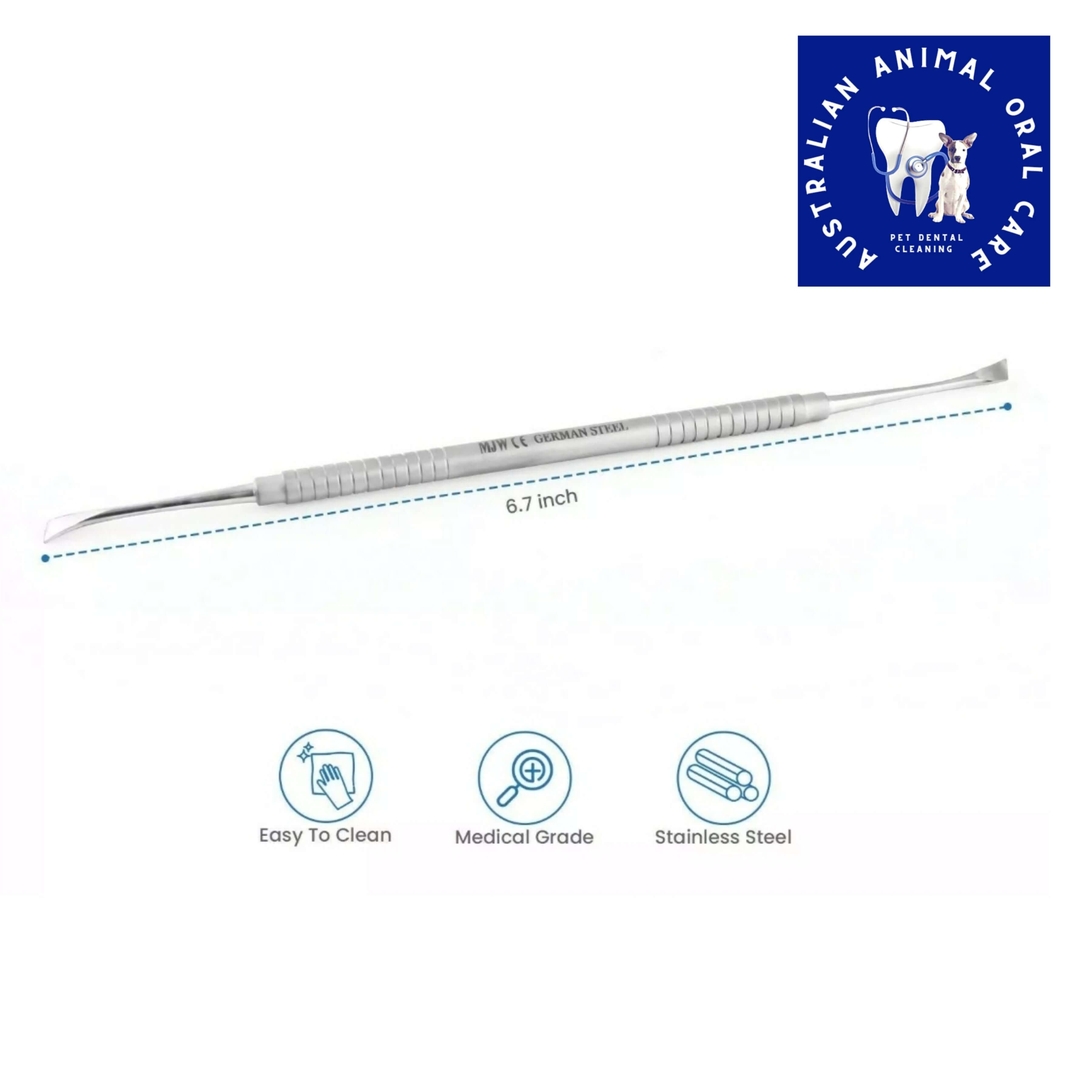 A dental scaler with flat edge, made of stainless steel, measuring 8.7 cm in length.
