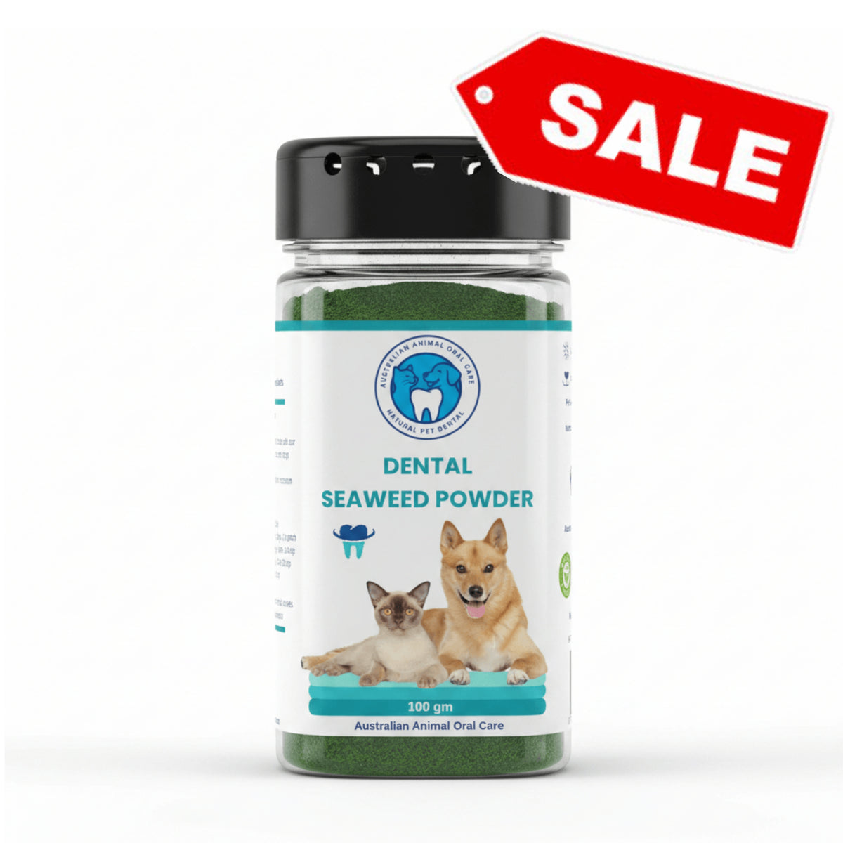 A bottle of Australian Animal Oral Care Dental Seaweed Powder for pets, featuring a black cap and a white label with a blue logo and pictures of a cat and dog. A red 'SALE' tag is overlaid in the top right corner on a white background.