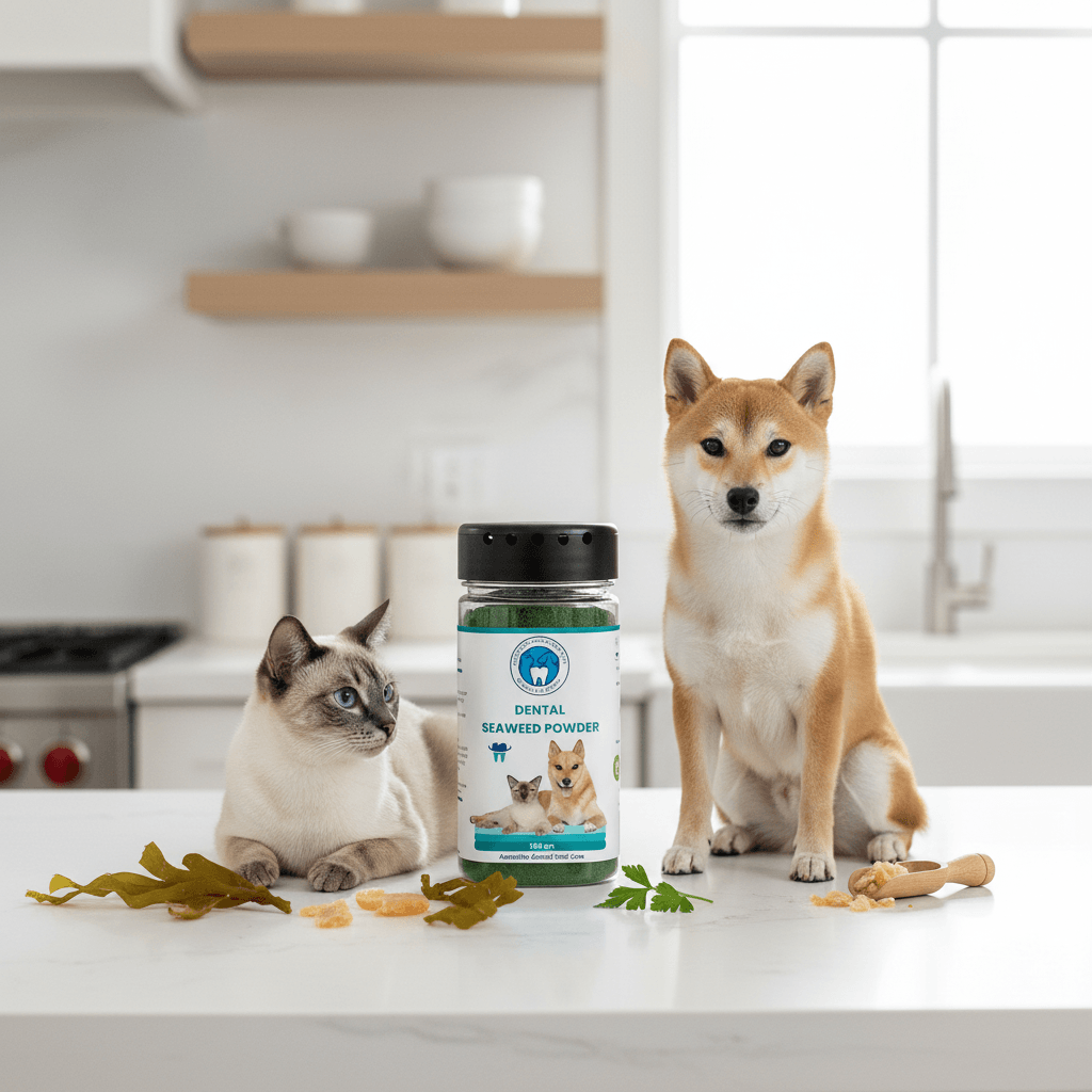 Dog and cat sitting on a kitchen counter with a bottle of dental chew product.