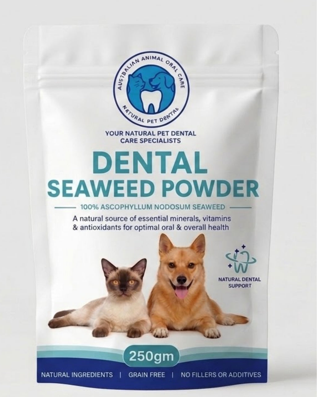 A 250g bag of Australian Animal Oral Care Natural Pet Dental Dental Seaweed Powder, featuring a white background with blue and teal text, a cat and a dog illustration, and the Australian Animal Oral Care logo.