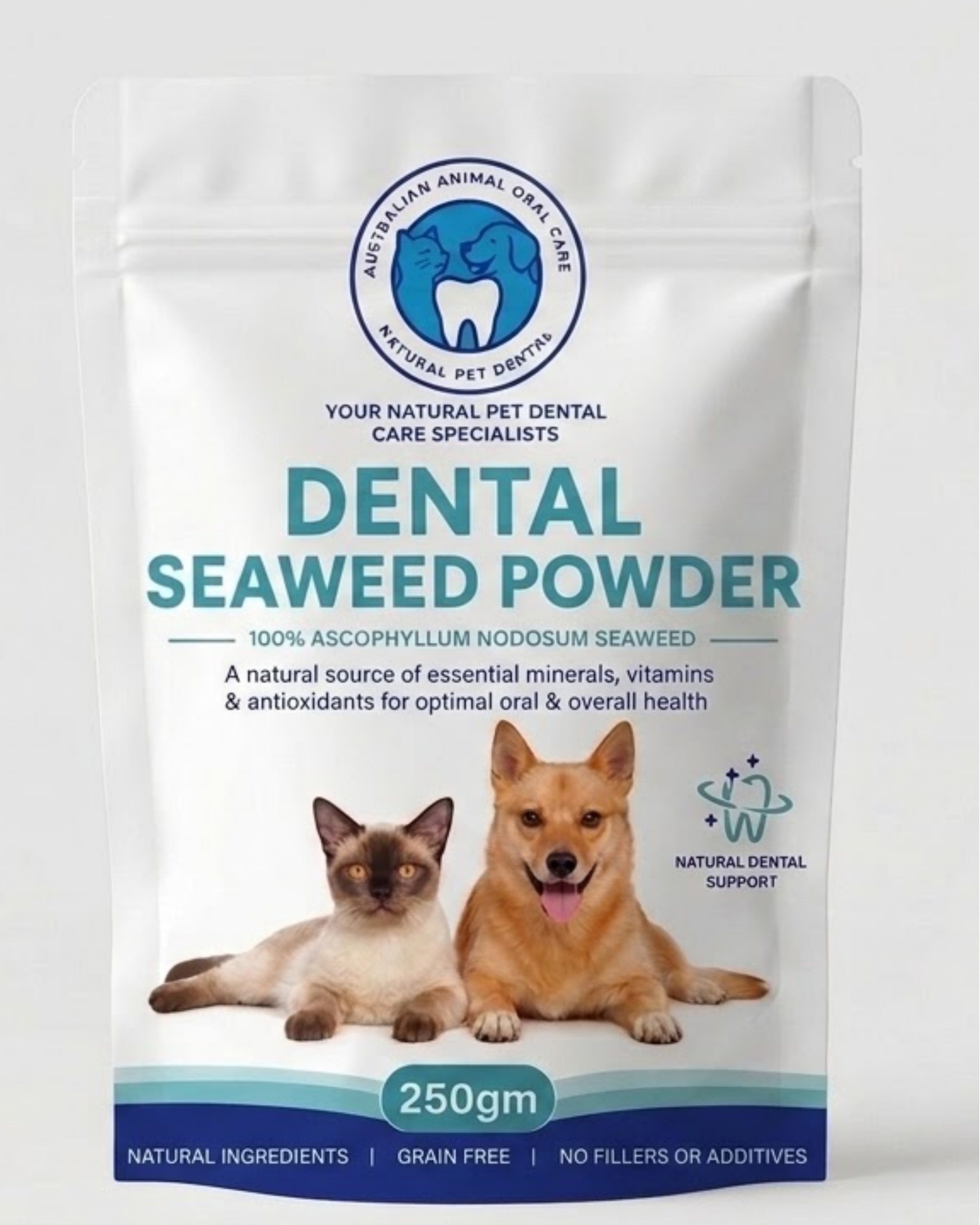 A 250g bag of Australian Animal Oral Care Natural Pet Dental Dental Seaweed Powder, featuring a white background with blue and teal text, a cat and a dog illustration, and the Australian Animal Oral Care logo.