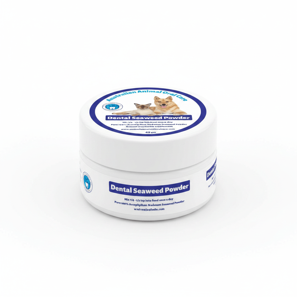 Jar of Dental Seaweed Powder for pets on a white background