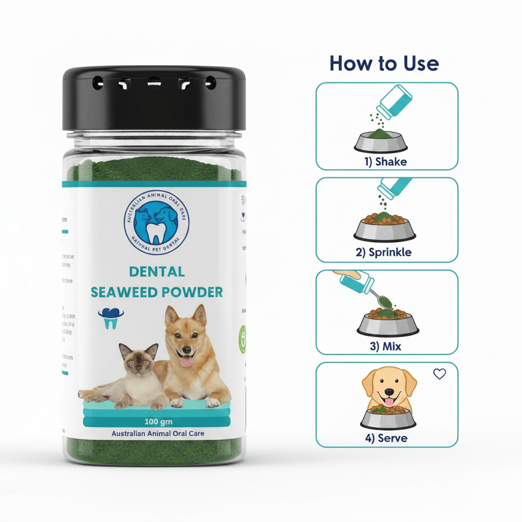 Bottle of dental seaweed powder for pets with usage instructions on a white background