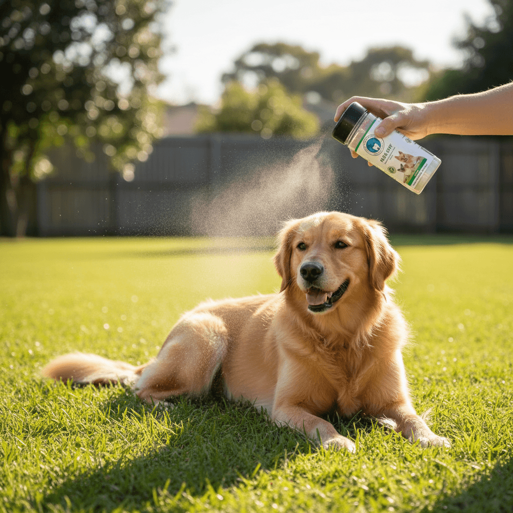 Dog with flea Off powder 
