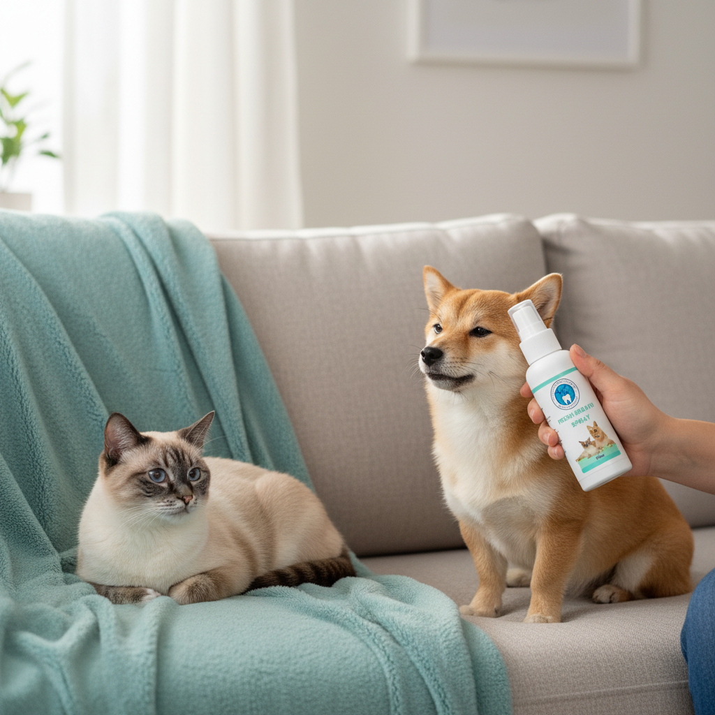 Cat and dog sitting on a couch with a person holding a bottle of pet product.