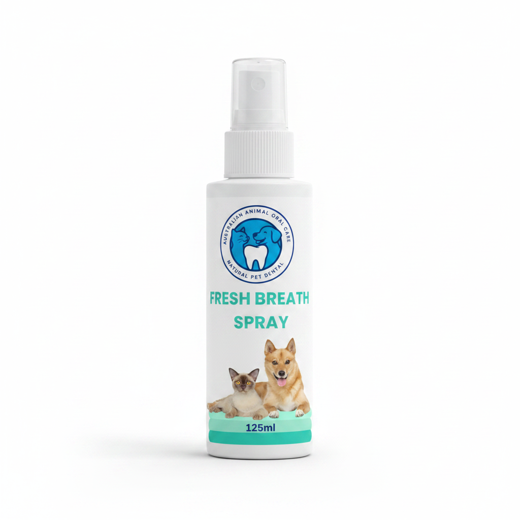 Pet fresh breath spray bottle with images of a cat and dog on a white background