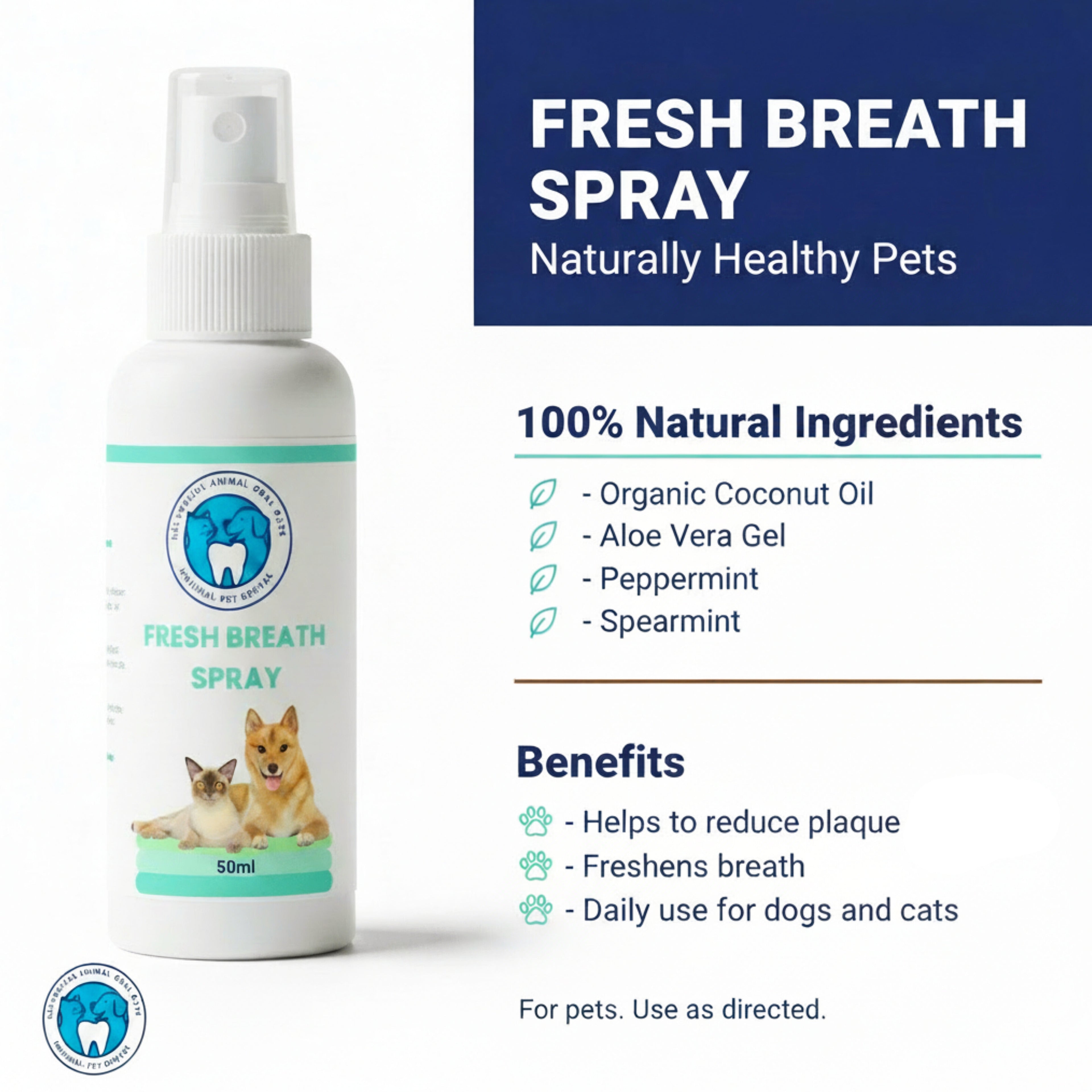 Pet fresh breath spray bottle with ingredients and benefits listed on a white background