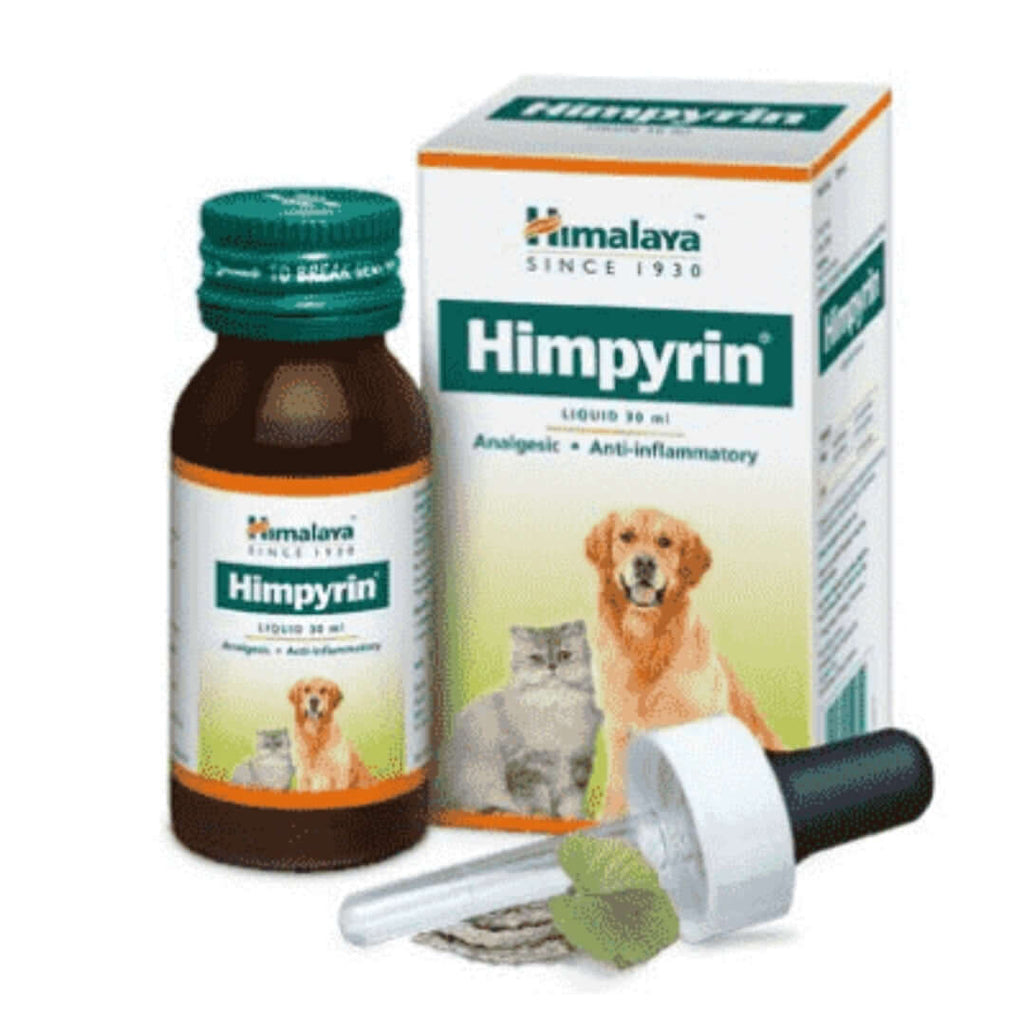 Natural Anti Inflammatory for Pets - Himpyrin liquid 30ml by Himalaya with bottle, dropper, dog and cat images.