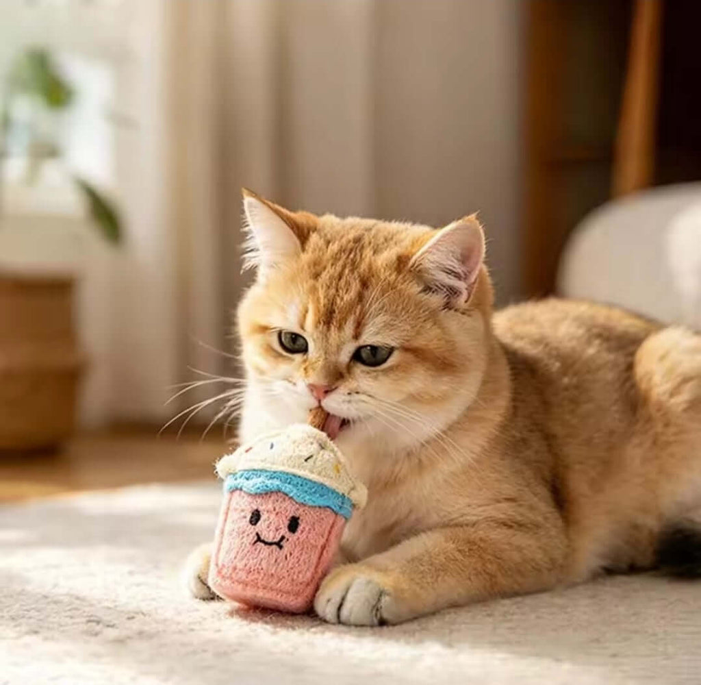 Ice cream-shaped loofah dental chew for cats