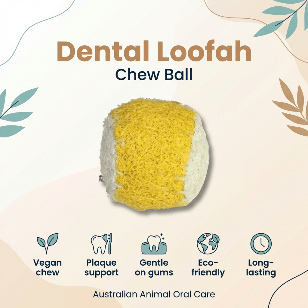 Dental Loofah Chew Ball with features on a light background