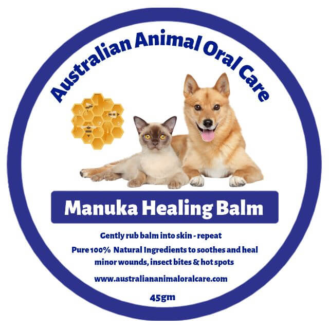 Australian Animal Oral Care Manuka Healing Balm label with a dog and cat.