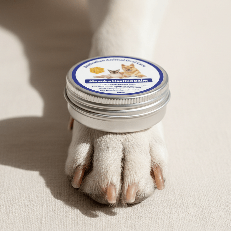 Dog paw with a jar of manuka healing balm on a beige background