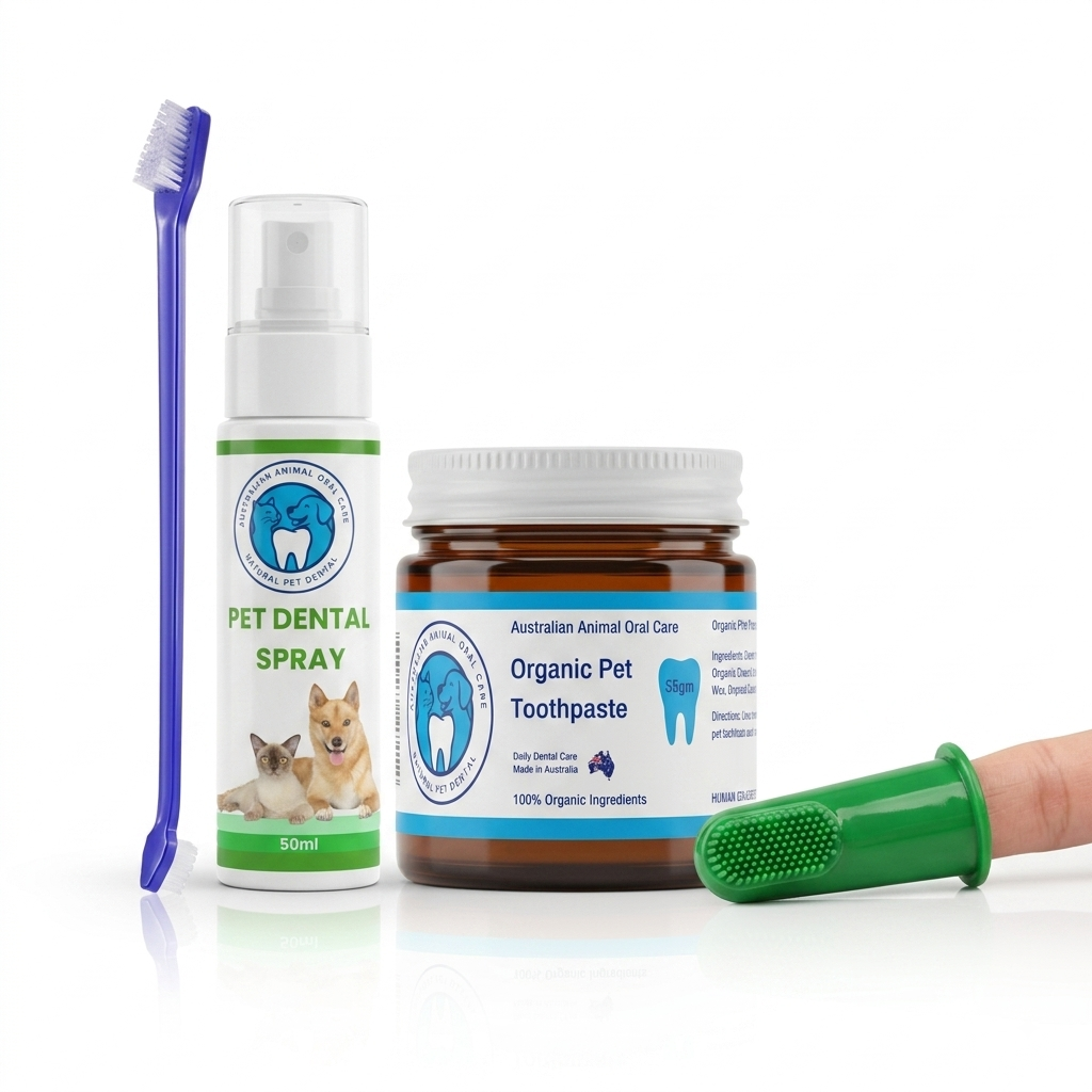 A pet dental care kit on a white background, including a purple pet toothbrush, a white pet dental spray bottle, an amber jar of organic pet toothpaste with a white lid, and a green oral irrigator tip resting on the surface.