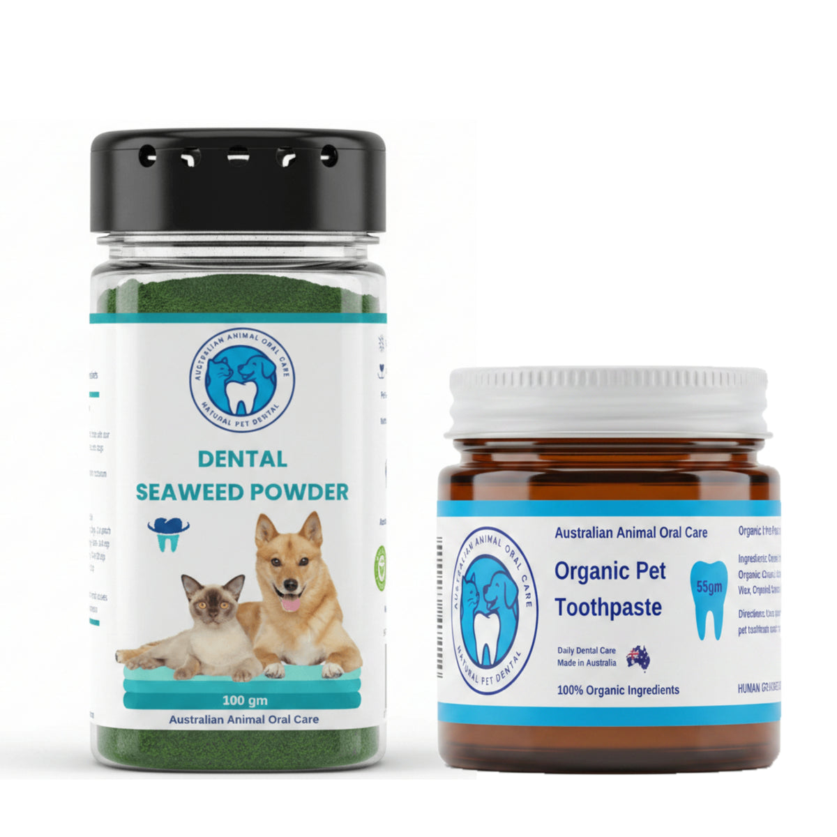 Two dental oral care products from Australian Animal Oral Care on a white background: a clear jar of green dental seaweed powder with a black lid, and an amber jar of organic pet toothpaste with a white lid.