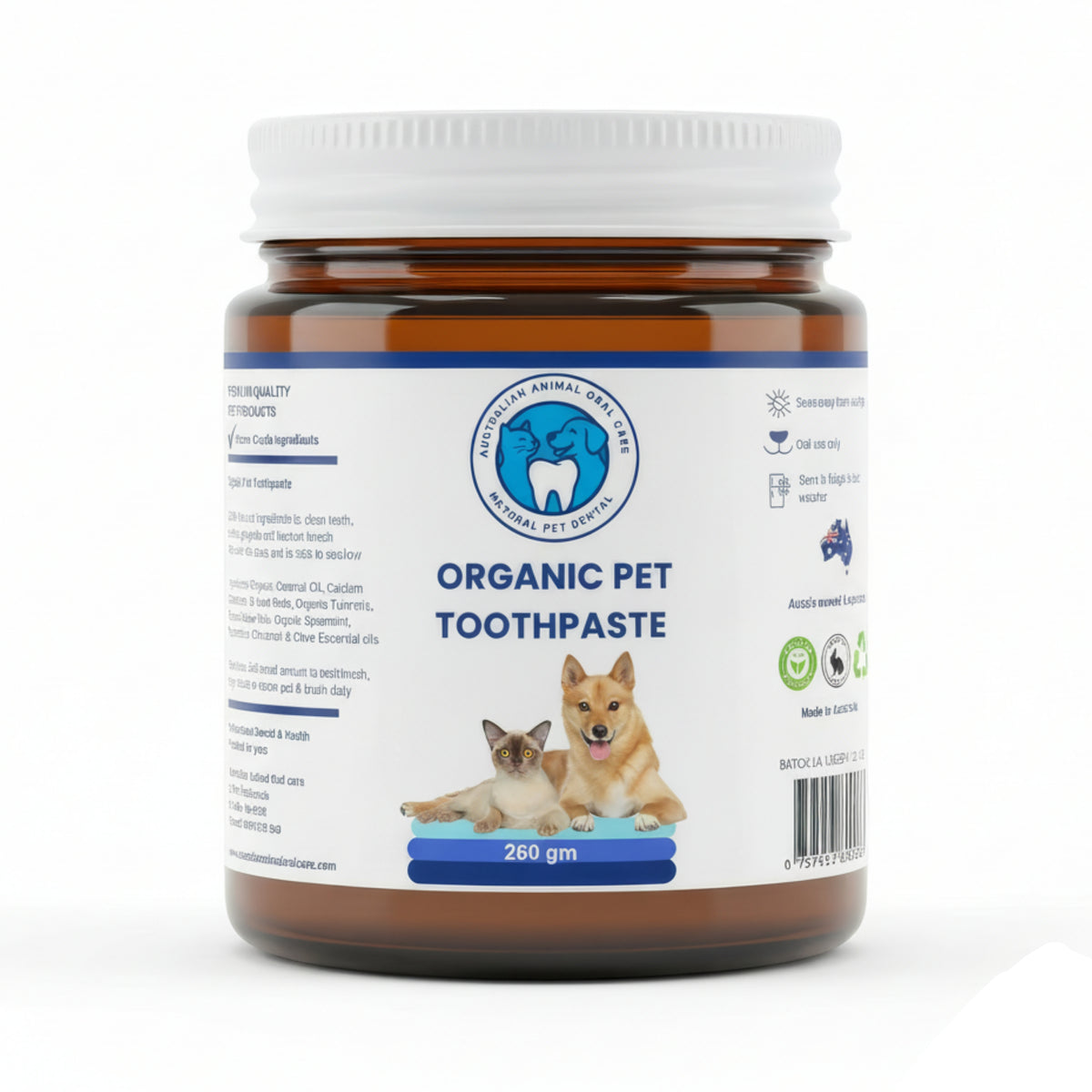 Jar of organic pet toothpaste with a label featuring a dog and cat on a white background