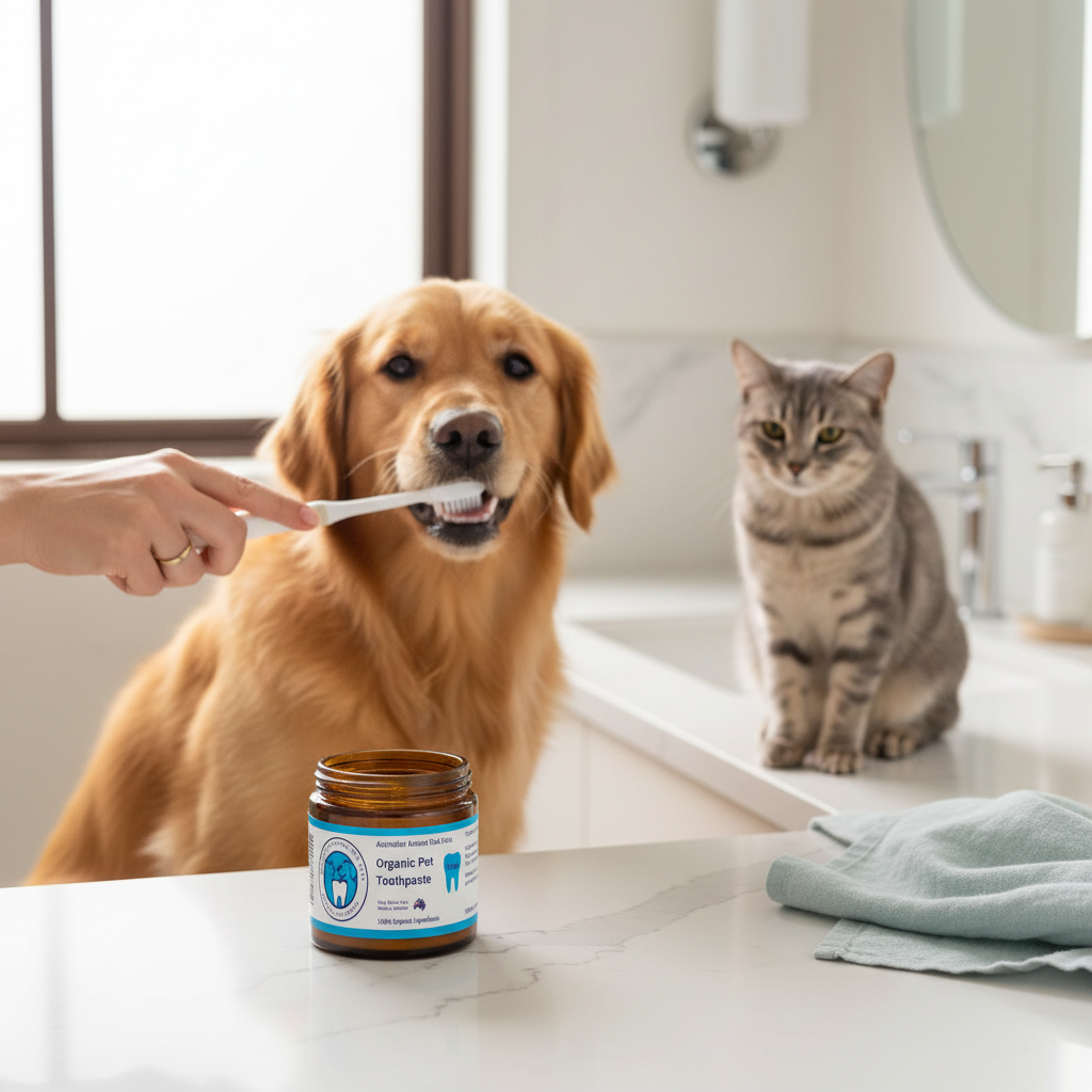 Dog being brushed by a person with a cat watching, on a bathroom counter with a jar of pet toothpaste.
