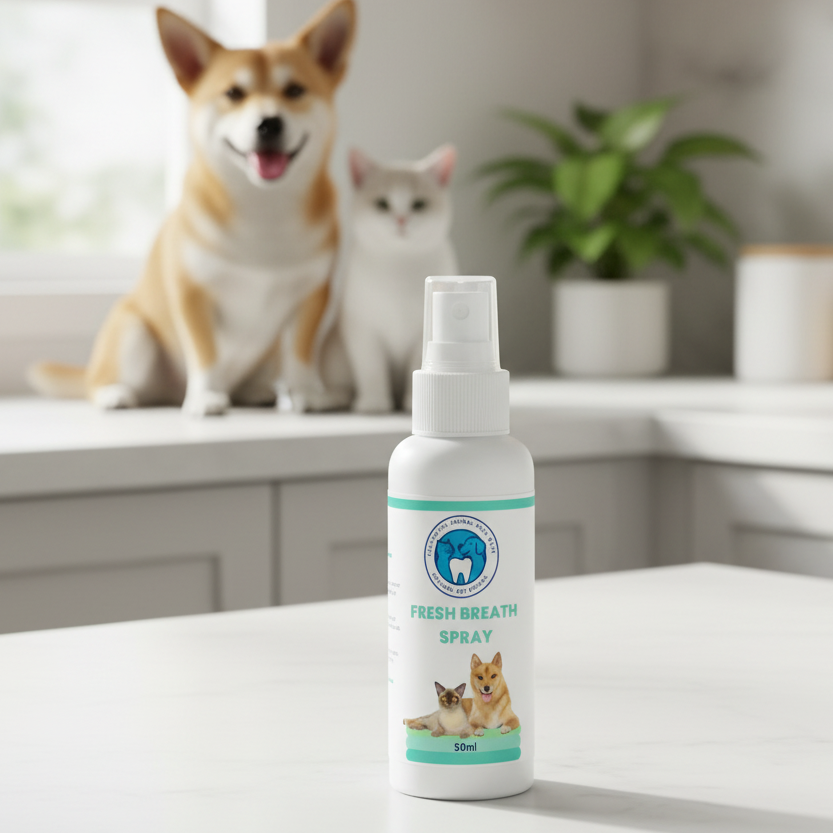 Bottle of fresh breath spray for pets on a table with a dog and cat in the background.