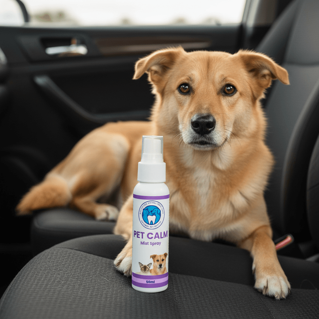 Dog sitting in a car with a bottle of 'Pet Calm' spray on the seat