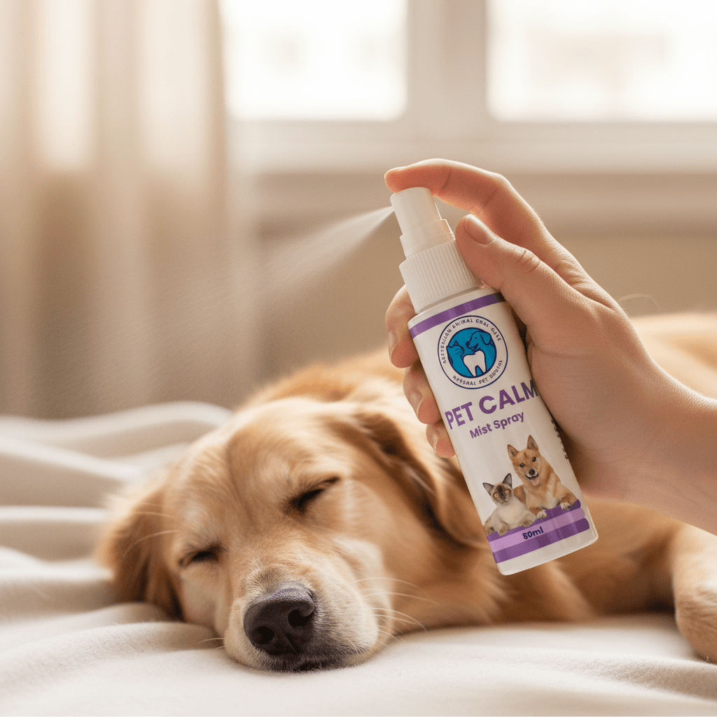 Hand holding a 'Pet Calm' mist spray bottle over a resting dog.