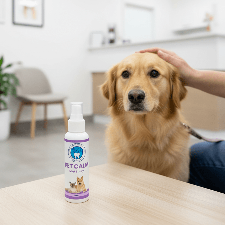 Dog being petted with a bottle of 'Pet Calm' spray on a table