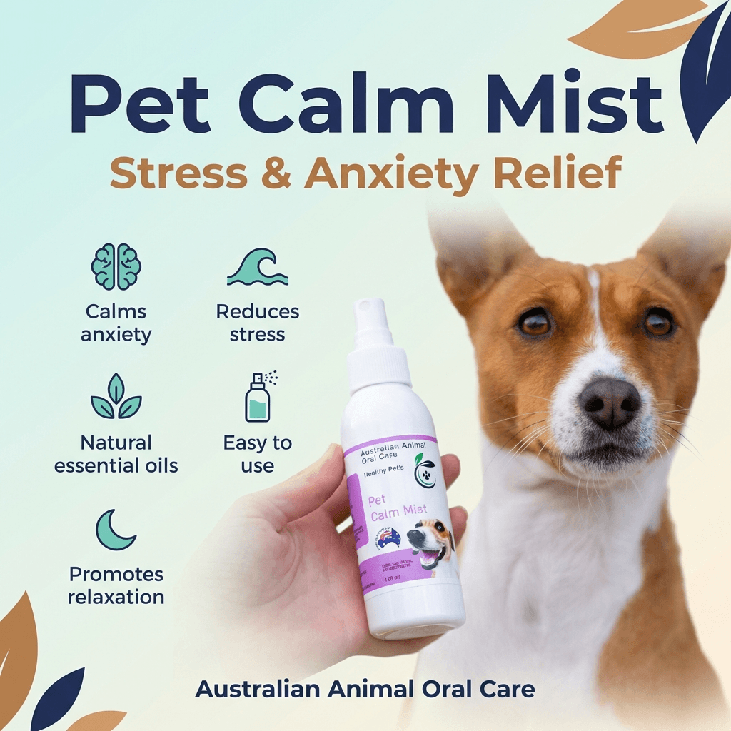Pet Calm Mist for stress and anxiety relief with a dog in the background