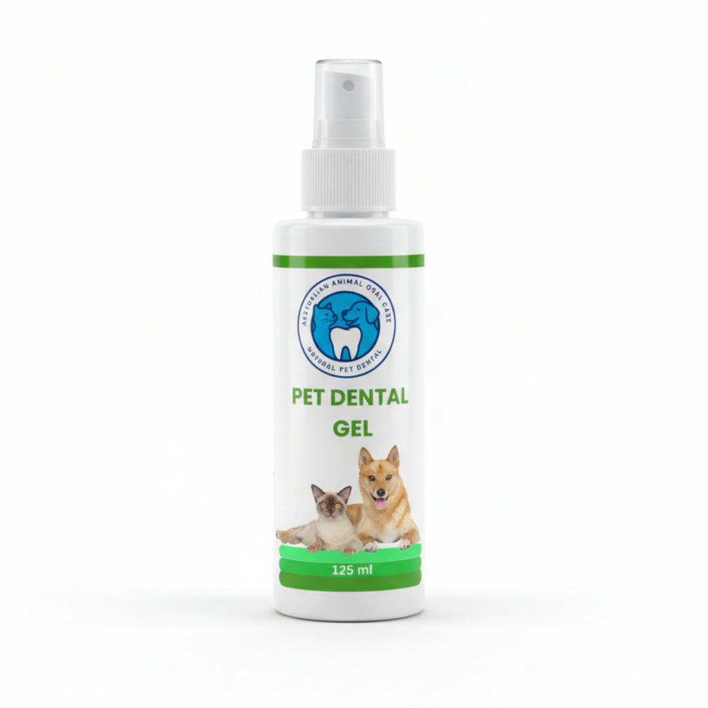 Pet dental gel bottle with images of a dog and a cat on a white background