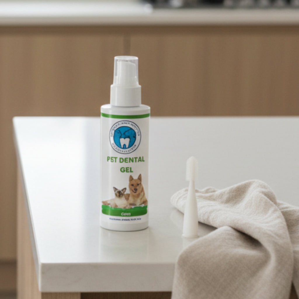Pet dental gel bottle with a toothbrush and towel on a table