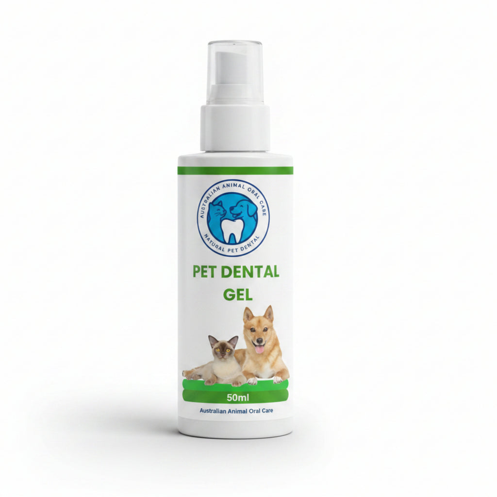 Pet dental gel bottle with images of a cat and a dog on a white background