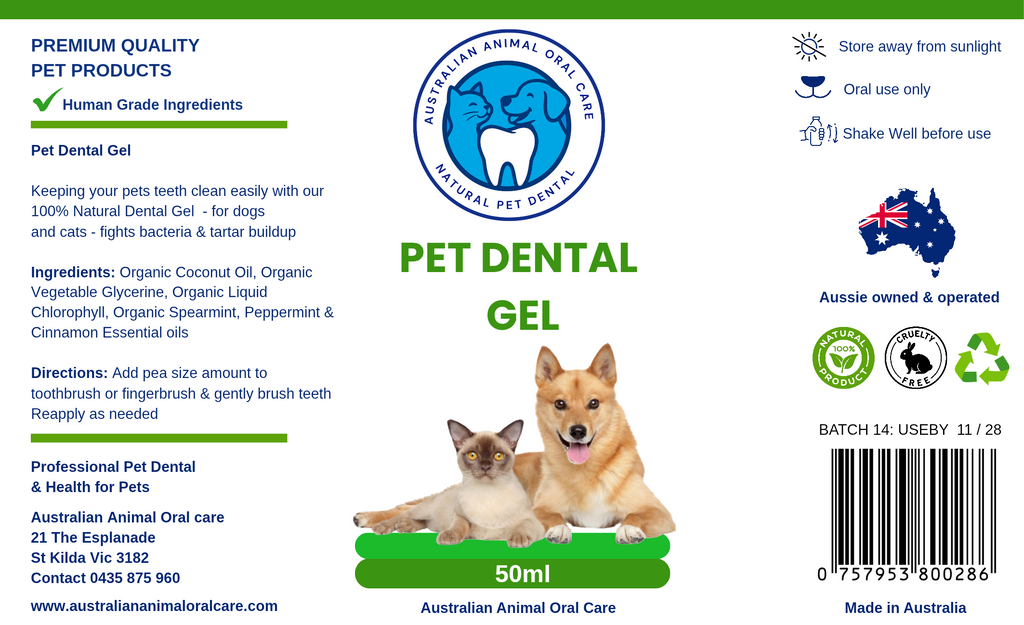 Pet dental gel packaging with images of dogs and text on a green background