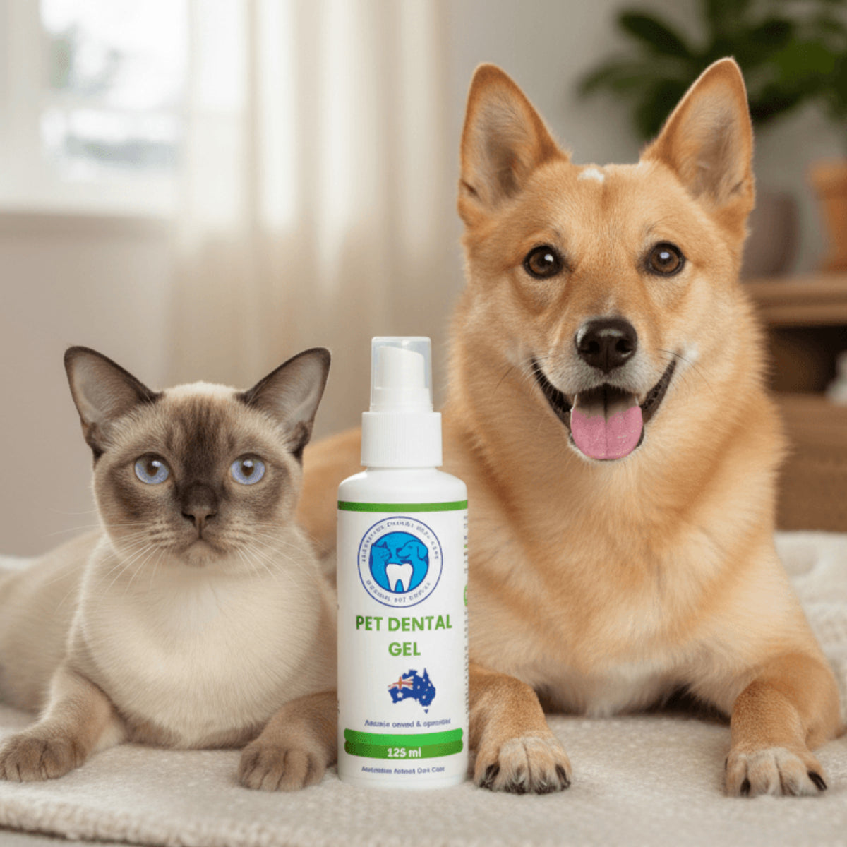 Cat and dog sitting next to a bottle of Pet Dental Gel on a carpeted floor.