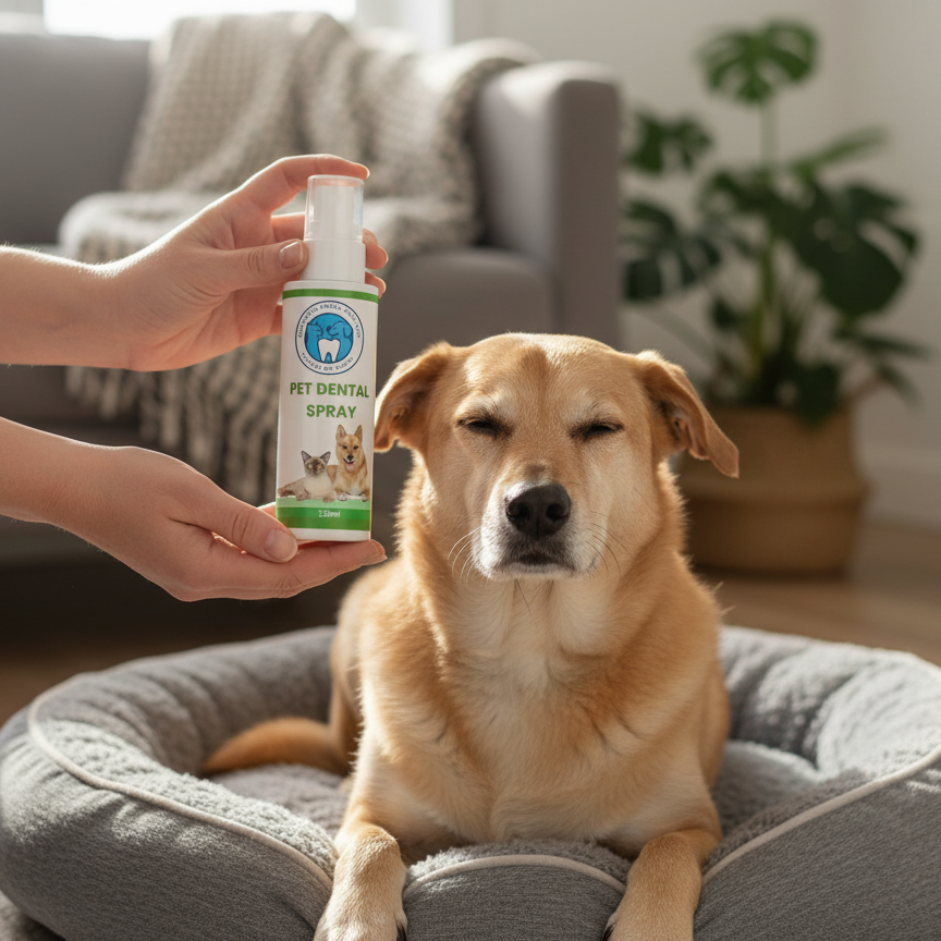 Person holding a pet dental spray bottle next to a dog on a cushion in a living room.
