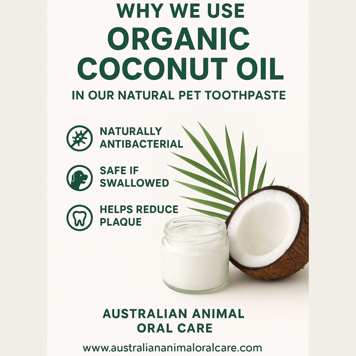 Advertisement for organic coconut oil used in natural pet toothpaste with a jar of toothpaste and a coconut.