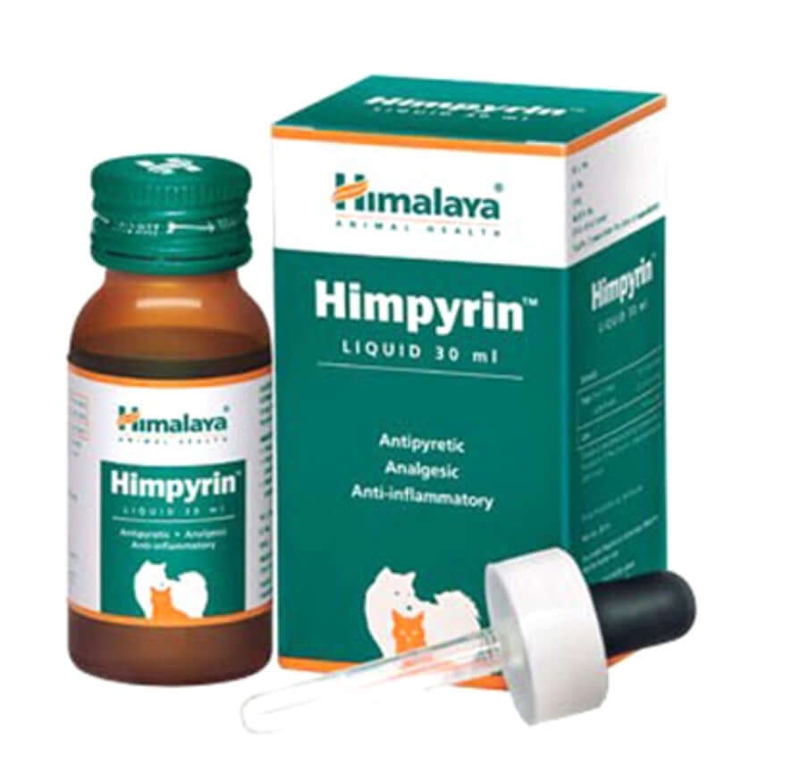 Natural Anti Inflammatory for Pets - Himpyrin liquid 30ml bottle and box by Himalaya Pets Herbal Medicine.