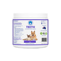 A white plastic tub of pet teeth supplement with a white lid, featuring a purple and white label with the word 'TEETH' and photos of a cat and dog on the front.