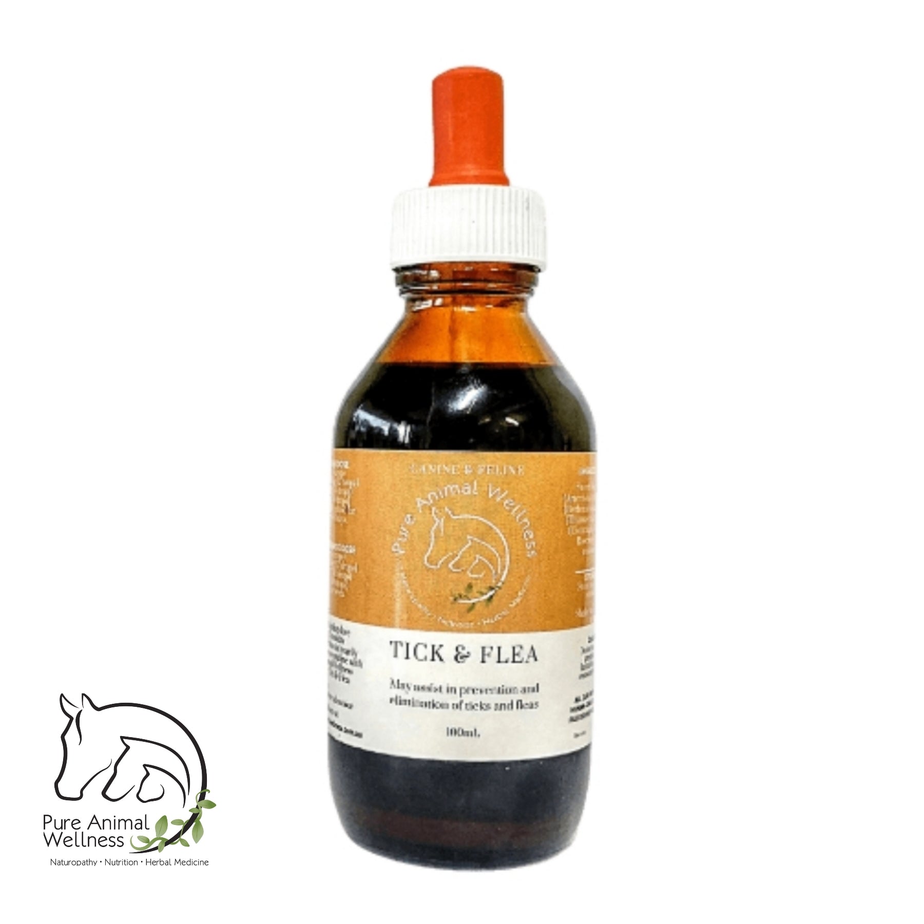 A 100ml glass bottle of Tick & Flea Prevention remedy for pets with a dropper, labeled with the brand Pure Animal Wellness.