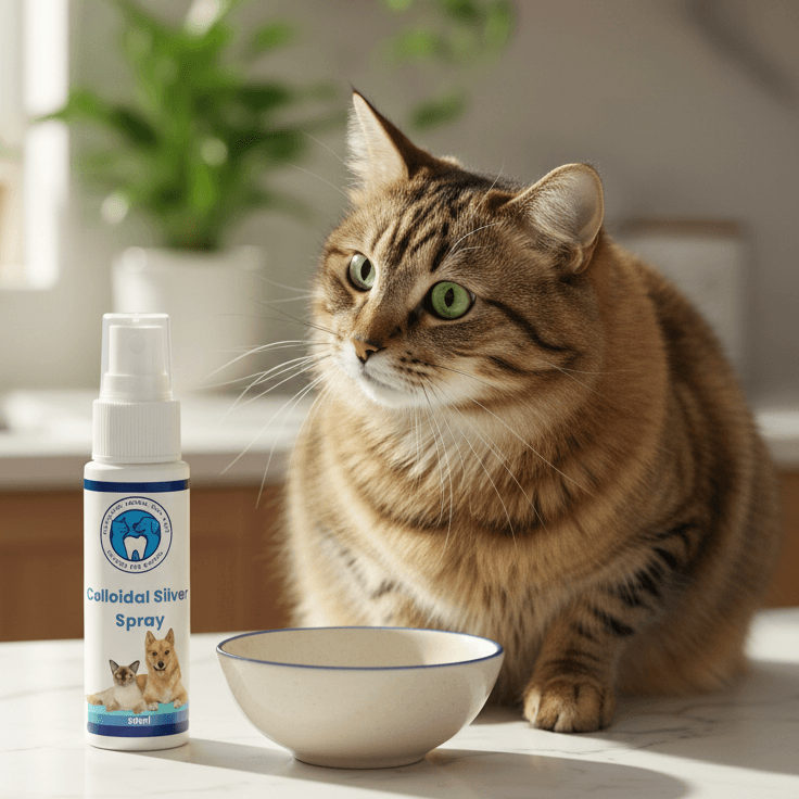 Cat sitting next to a bottle of colloidal silver spray on a table.