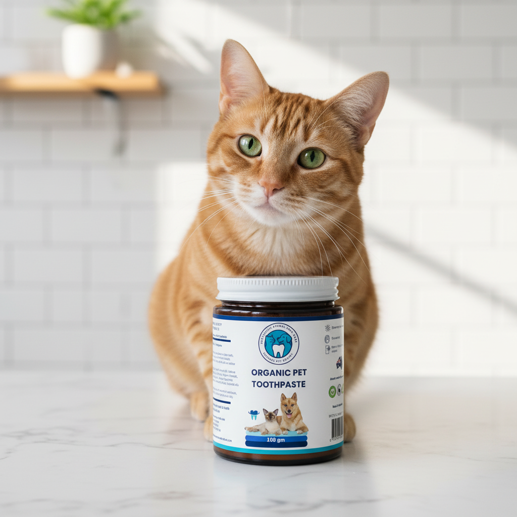 Cat sitting next to a jar of organic pet toothpaste on a marble surface.