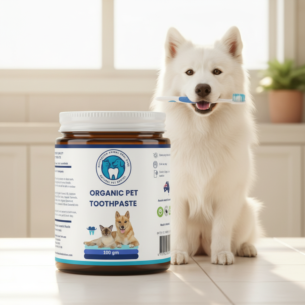 White dog brushing its teeth with a jar of organic pet toothpaste on a light-colored floor.